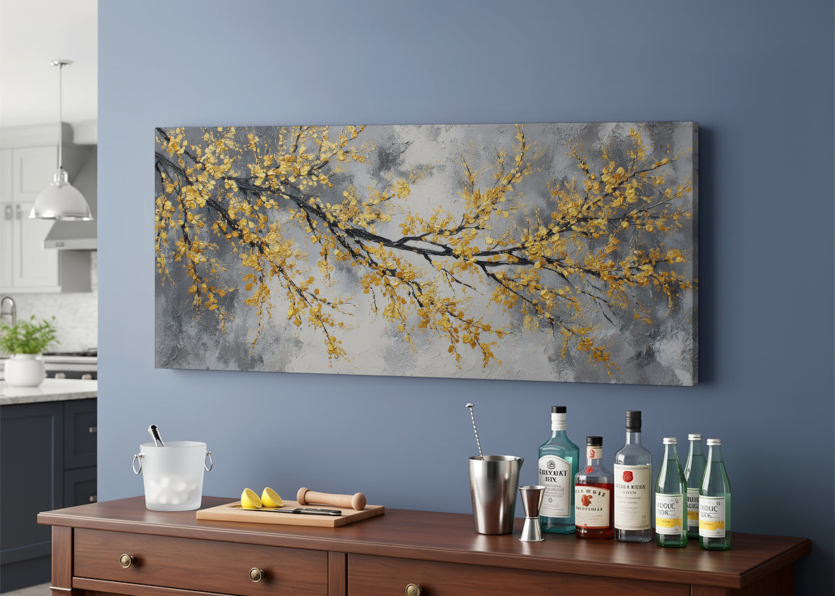 Golden Blossom Branch Canvas Wall Art – Elegant Grey Botanical Tree Painting – Single & 3 Panel Canvas – AI PRINT LAB