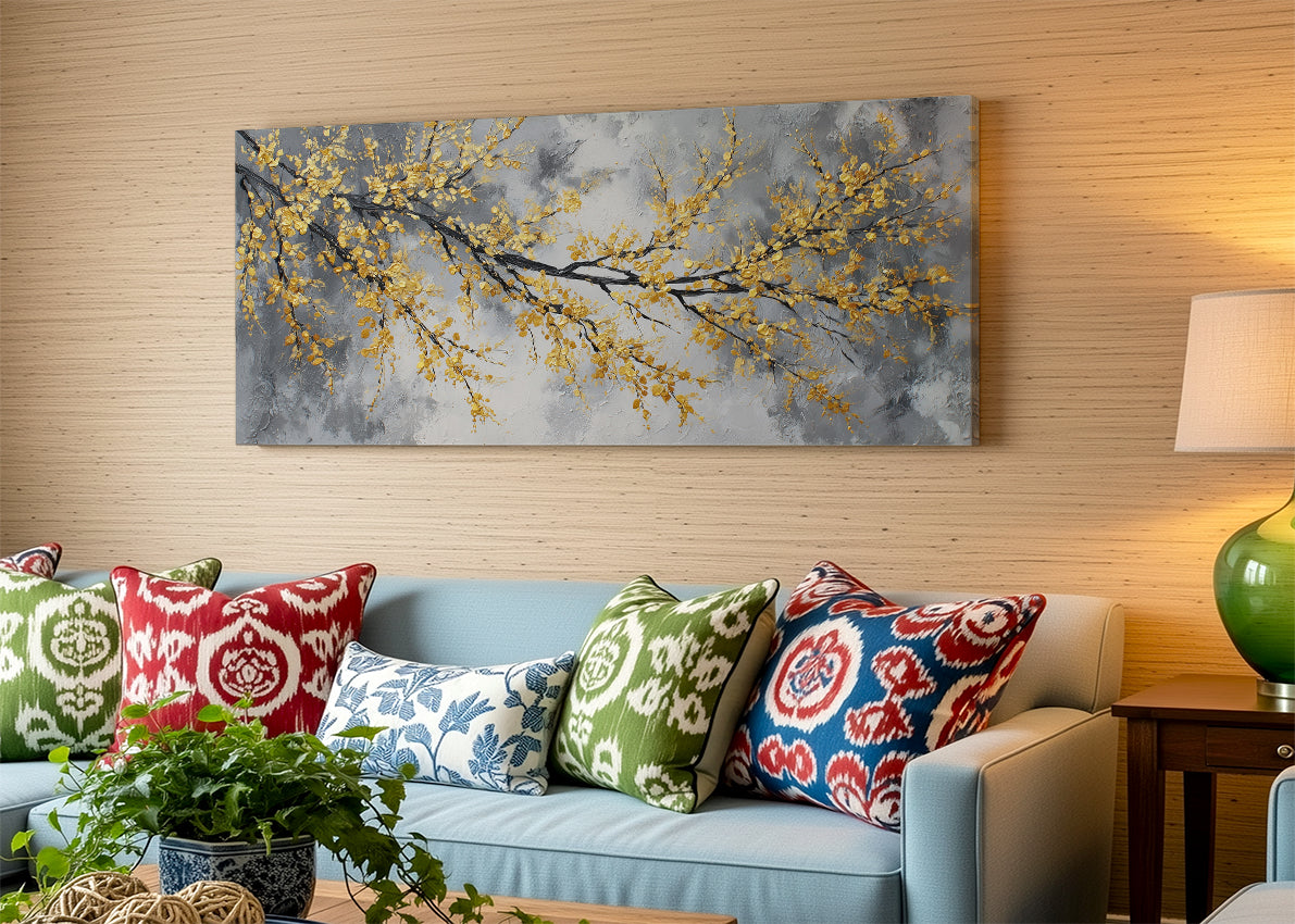Golden Blossom Branch Canvas Wall Art – Elegant Grey Botanical Tree Painting – Single & 3 Panel Canvas – AI PRINT LAB