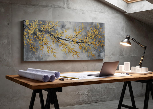 Golden Blossom Branch Canvas Wall Art – Elegant Grey Botanical Tree Painting – Single & 3 Panel Canvas – AI PRINT LAB