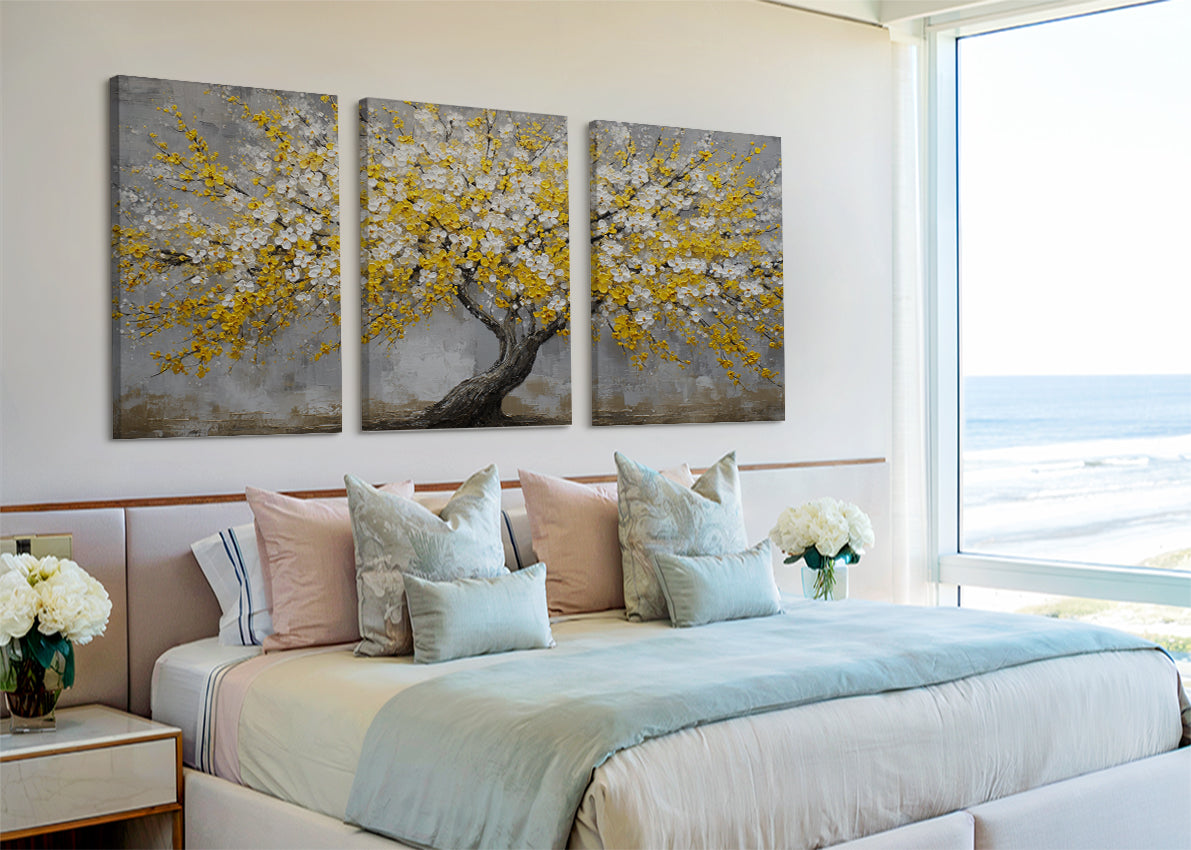 Golden Blossom Tree Canvas Wall Art – Textured Yellow Flower Tree Painting – Single & 3 Panel Canvas – AI PRINT LAB