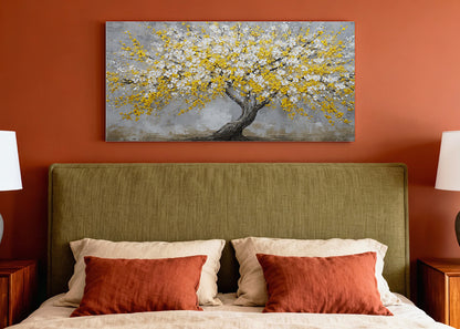 Golden Blossom Tree Canvas Wall Art – Textured Yellow Flower Tree Painting – Single & 3 Panel Canvas – AI PRINT LAB