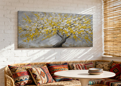 Golden Blossom Tree Canvas Wall Art – Textured Yellow Flower Tree Painting – Single & 3 Panel Canvas – AI PRINT LAB