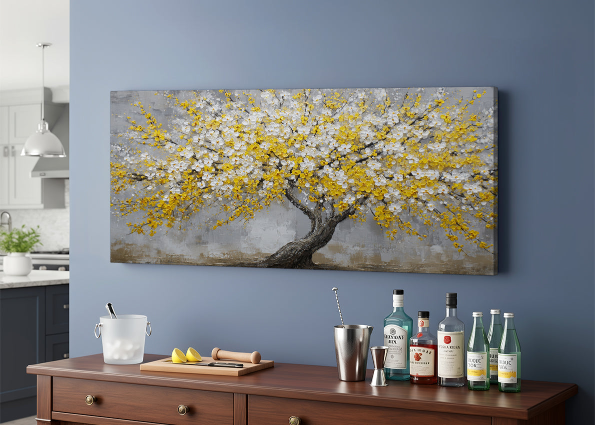 Golden Blossom Tree Canvas Wall Art – Textured Yellow Flower Tree Painting – Single & 3 Panel Canvas – AI PRINT LAB