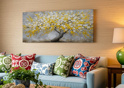 Golden Blossom Tree Canvas Wall Art – Textured Yellow Flower Tree Painting – Single & 3 Panel Canvas – AI PRINT LAB
