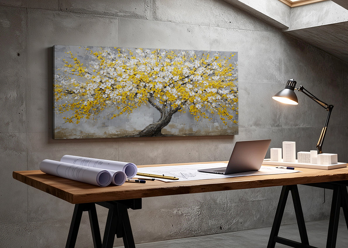 Golden Blossom Tree Canvas Wall Art – Textured Yellow Flower Tree Painting – Single & 3 Panel Canvas – AI PRINT LAB