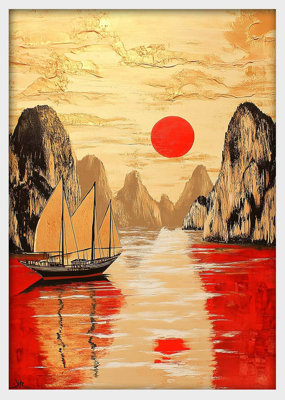 Golden Boat & Red Sun Wall Art – Asian Mountain Landscape Canvas & Poster – T1398 –
