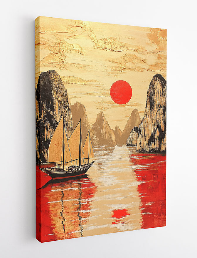Golden Boat & Red Sun Wall Art – Asian Mountain Landscape Canvas & Poster – T1398 –