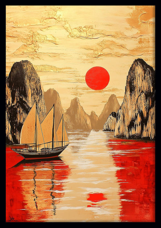 Golden Boat & Red Sun Wall Art – Asian Mountain Landscape Canvas & Poster – T1398 –