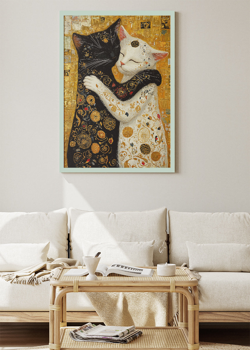 Golden Cat Embrace Canvas Print & Poster – Luxury Love Wall Art