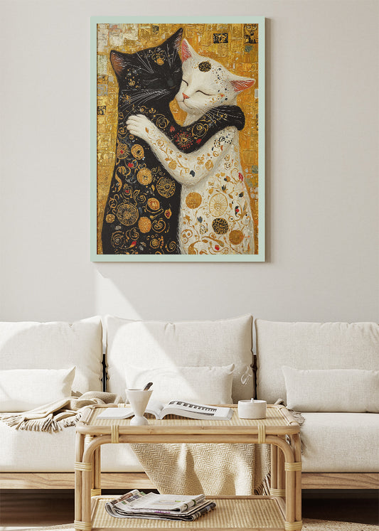 Golden Cat Embrace Canvas Print & Poster – Luxury Love Wall Art