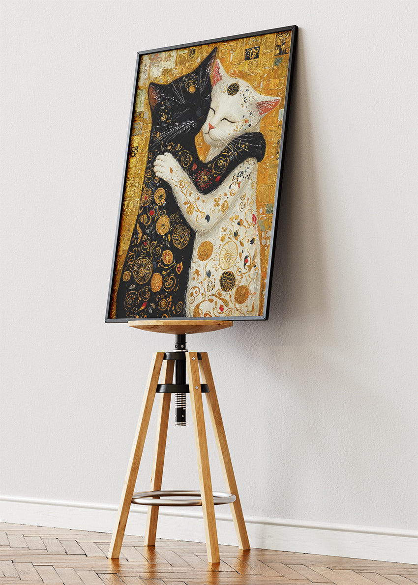 Golden Cat Embrace Canvas Print & Poster – Luxury Love Wall Art