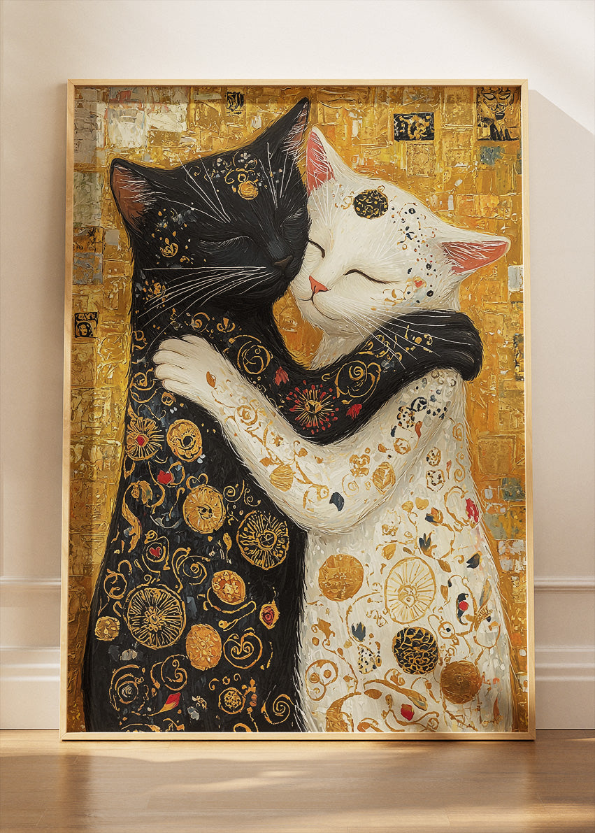 Golden Cat Embrace Canvas Print & Poster – Luxury Love Wall Art