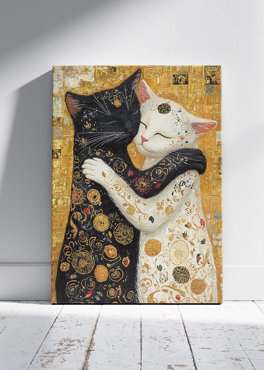 Golden Cat Embrace Canvas Print & Poster – Luxury Love Wall Art