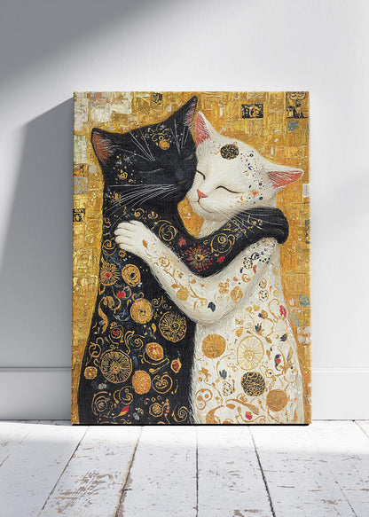 Golden Cat Embrace Canvas Print & Poster – Luxury Love Wall Art