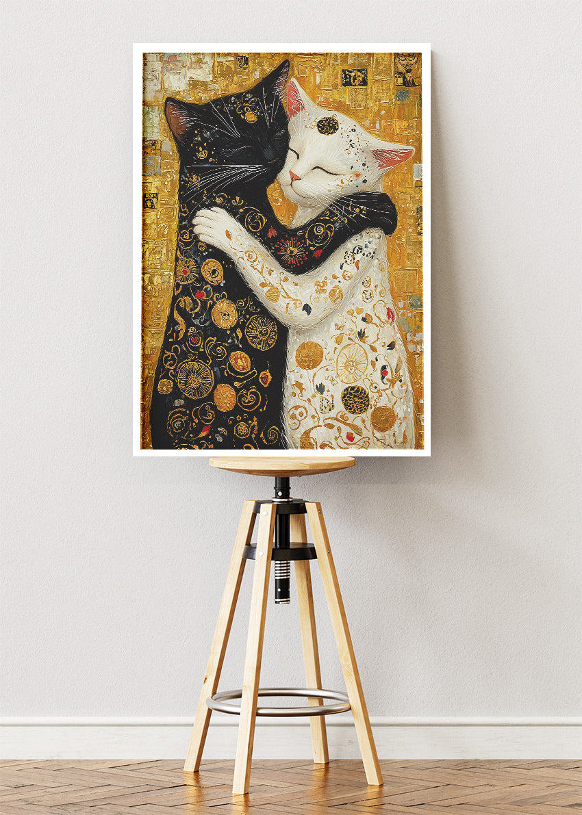 Golden Cat Embrace Canvas Print & Poster – Luxury Love Wall Art
