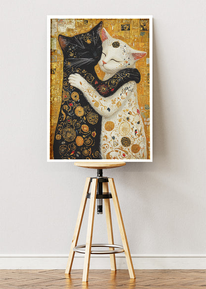 Golden Cat Embrace Canvas Print & Poster – Luxury Love Wall Art