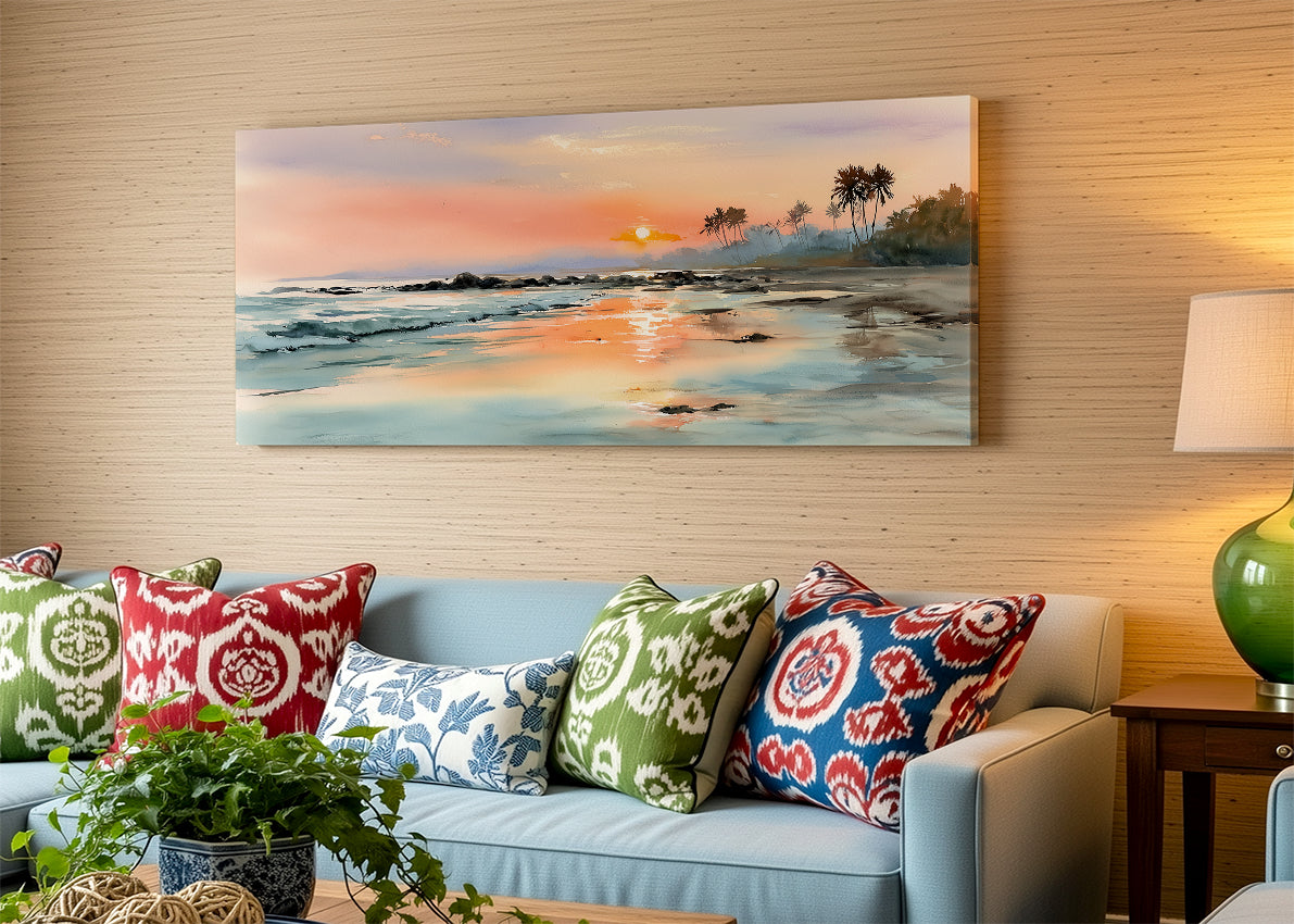 Golden Coastal Sunset Canvas Wall Art – Single & 3 Panel Split – AI PRINT LAB