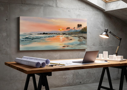 Golden Coastal Sunset Canvas Wall Art – Single & 3 Panel Split – AI PRINT LAB
