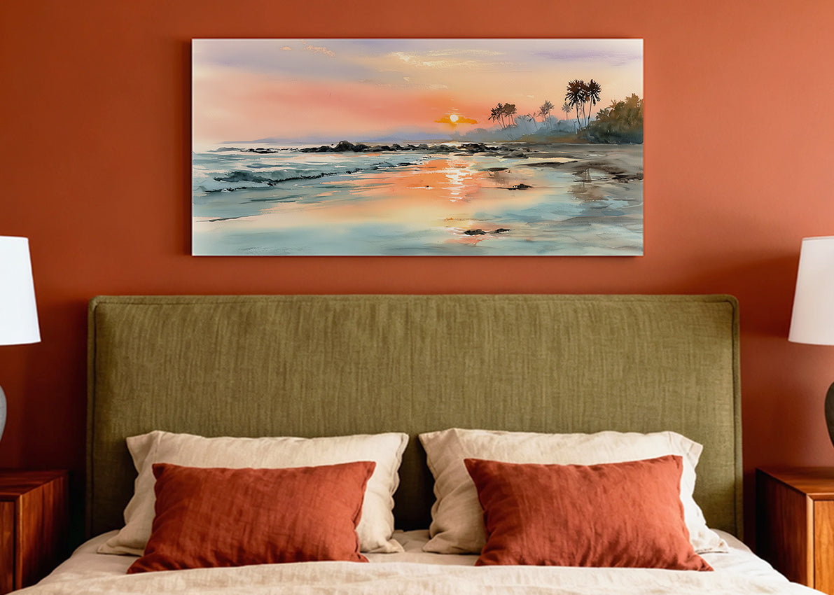 Golden Coastal Sunset Canvas Wall Art – Single & 3 Panel Split – AI PRINT LAB