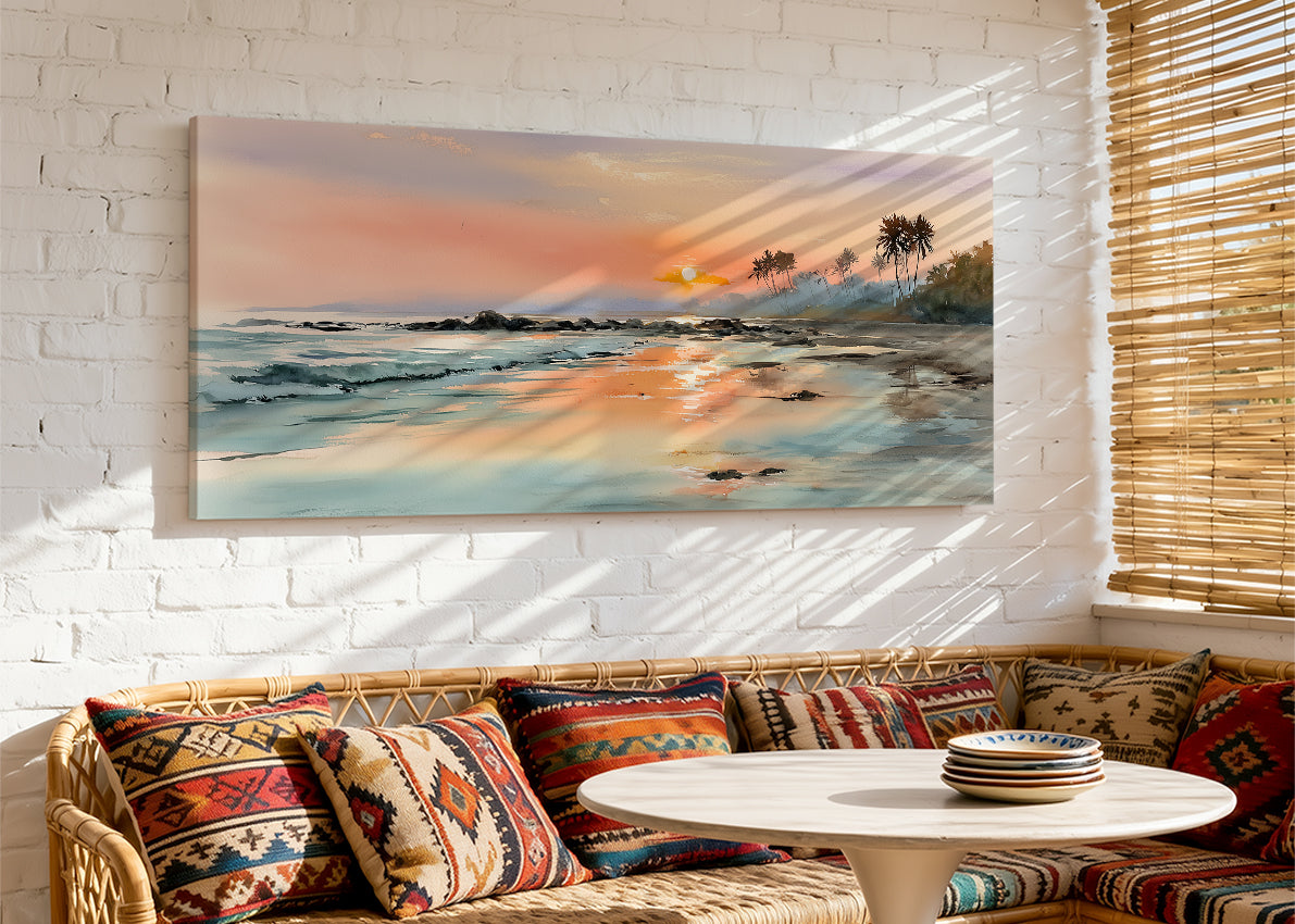Golden Coastal Sunset Canvas Wall Art – Single & 3 Panel Split – AI PRINT LAB