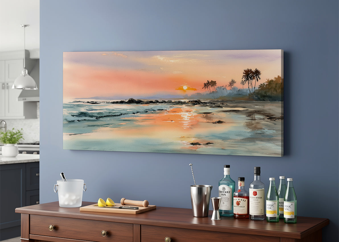 Golden Coastal Sunset Canvas Wall Art – Single & 3 Panel Split – AI PRINT LAB
