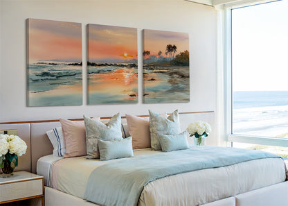 Golden Coastal Sunset Canvas Wall Art – Single & 3 Panel Split – AI PRINT LAB