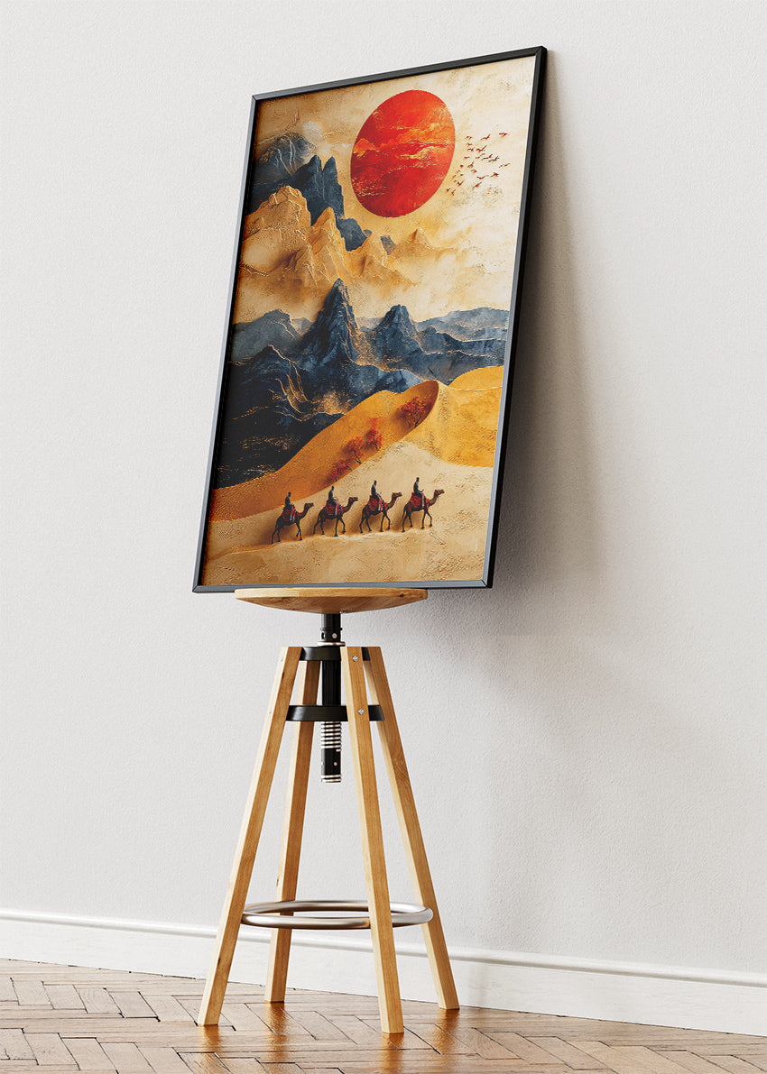 Golden Desert Caravan – Oriental Mountain Sunset Canvas & Poster Print – AI PRINT LAB