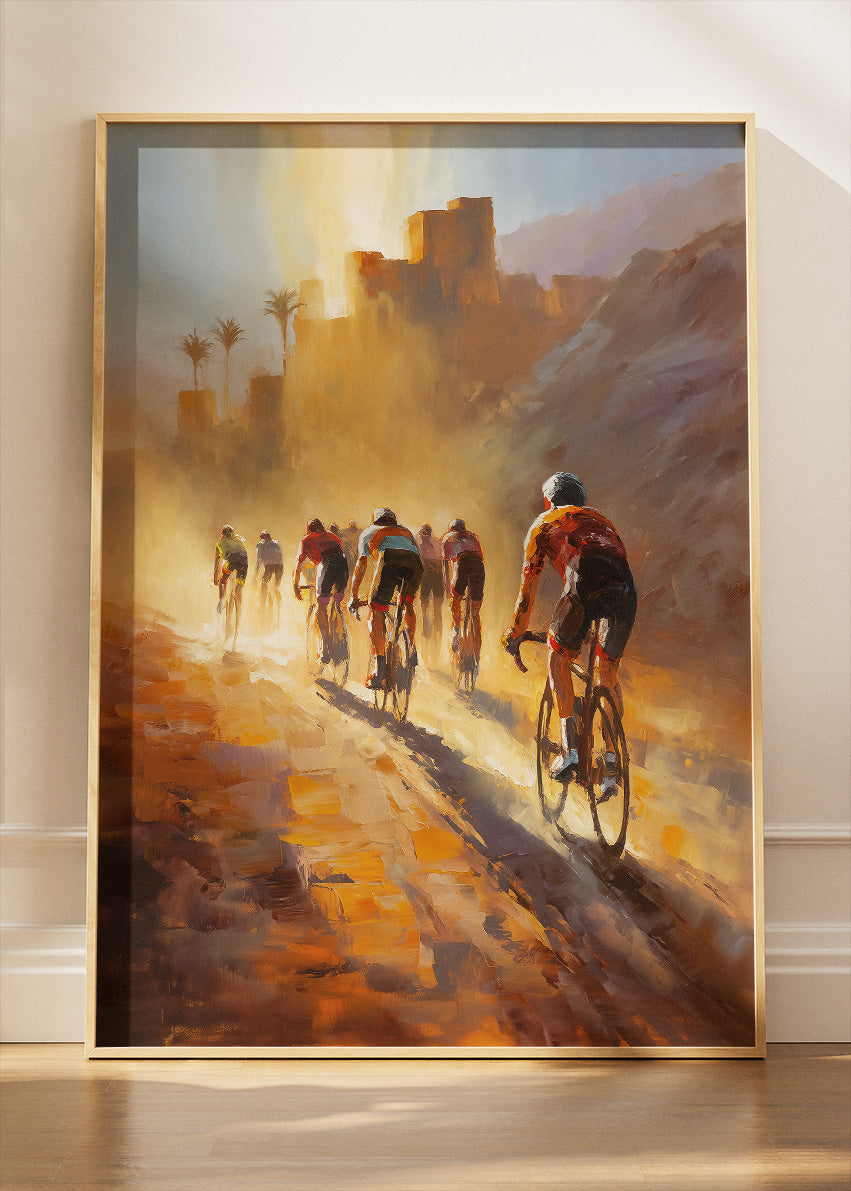 Golden Desert Cycling Poster & Canvas Art Print – Riders in Sunlit Dust