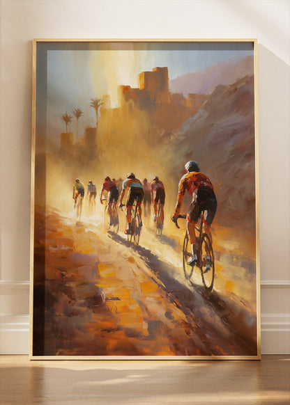 Golden Desert Cycling Poster & Canvas Art Print – Riders in Sunlit Dust