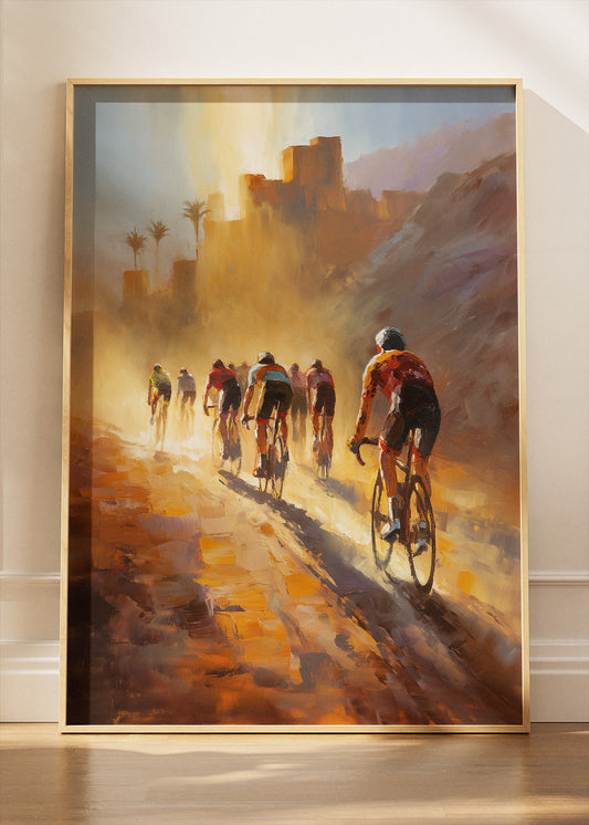 Golden Desert Cycling Poster & Canvas Art Print – Riders in Sunlit Dust