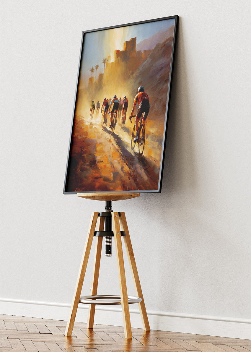 Golden Desert Cycling Poster & Canvas Art Print – Riders in Sunlit Dust