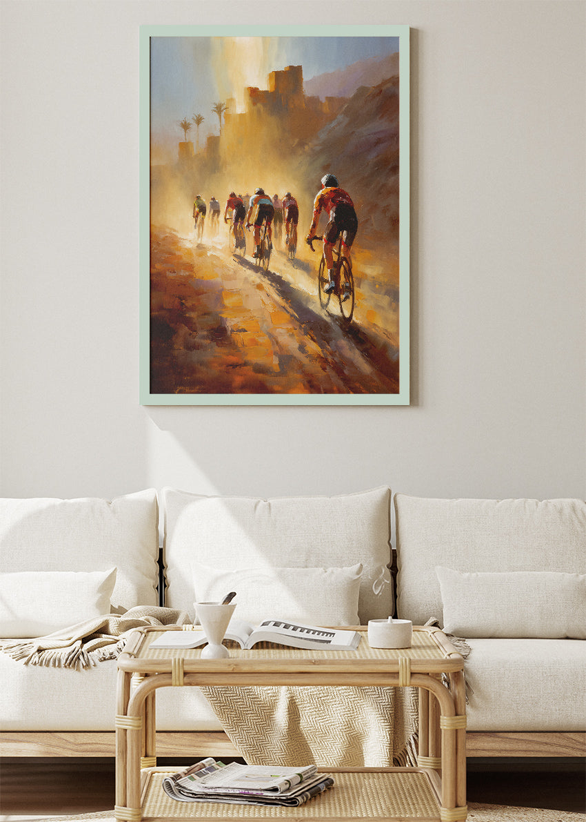Golden Desert Cycling Poster & Canvas Art Print – Riders in Sunlit Dust
