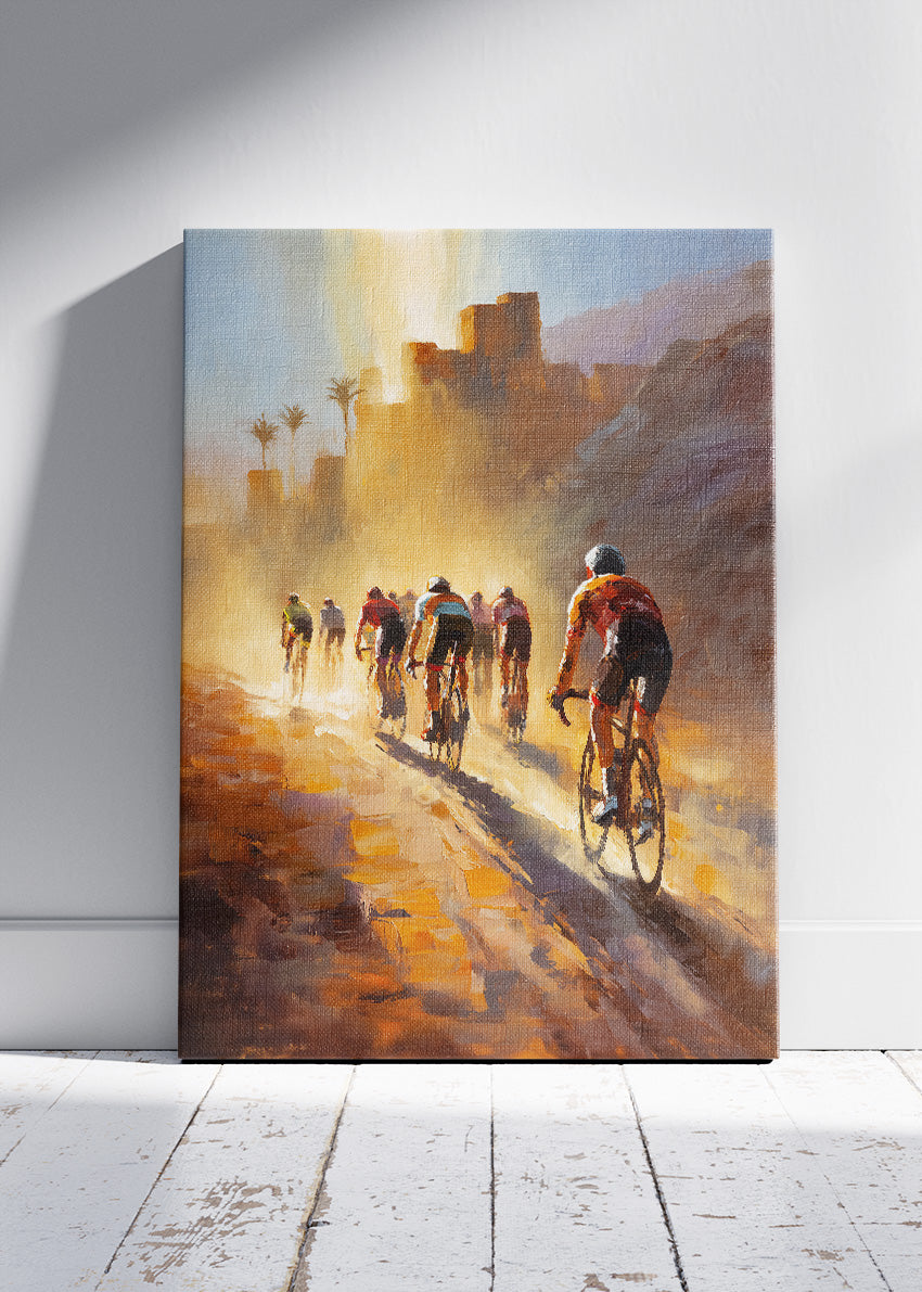 Golden Desert Cycling Poster & Canvas Art Print – Riders in Sunlit Dust