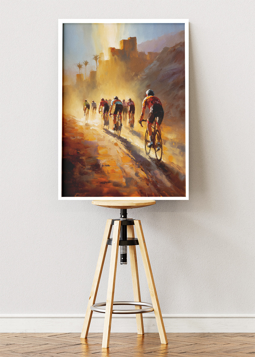 Golden Desert Cycling Poster & Canvas Art Print – Riders in Sunlit Dust