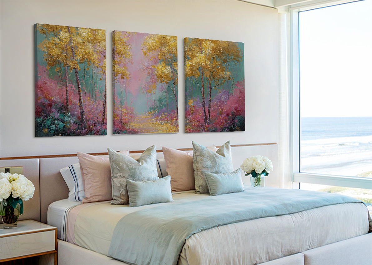 Golden Dream Forest Canvas Wall Art – Colorful Nature Landscape Painting – Single & 3 Panel Canvas – AI PRINT LAB