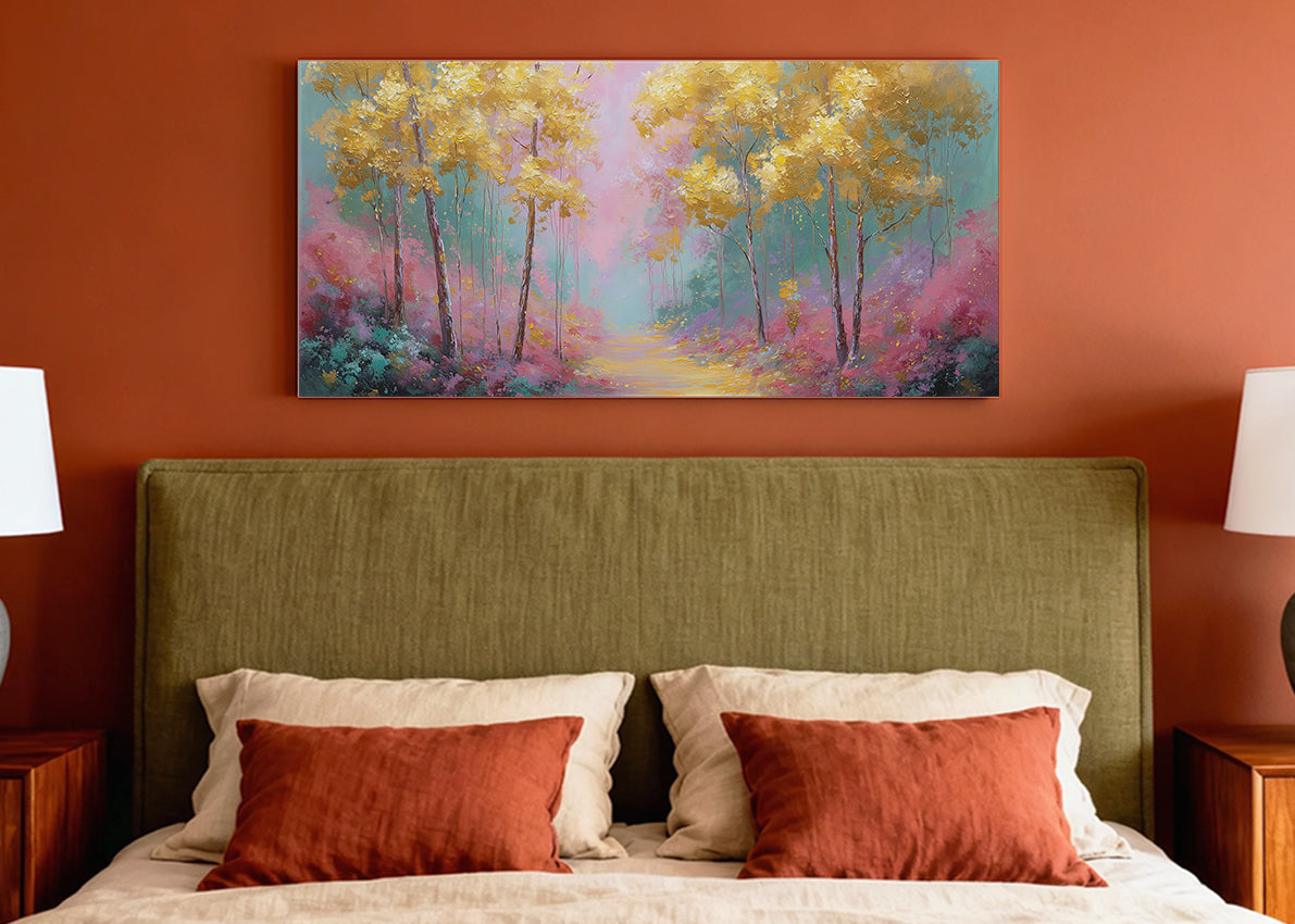 Golden Dream Forest Canvas Wall Art – Colorful Nature Landscape Painting – Single & 3 Panel Canvas – AI PRINT LAB