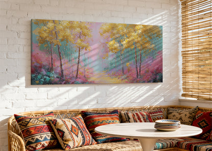 Golden Dream Forest Canvas Wall Art – Colorful Nature Landscape Painting – Single & 3 Panel Canvas – AI PRINT LAB