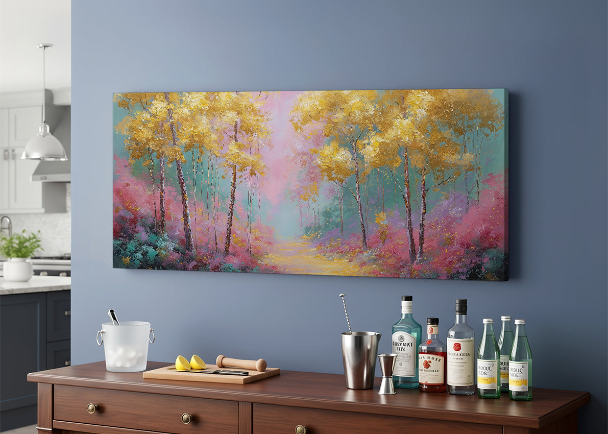 Golden Dream Forest Canvas Wall Art – Colorful Nature Landscape Painting – Single & 3 Panel Canvas – AI PRINT LAB