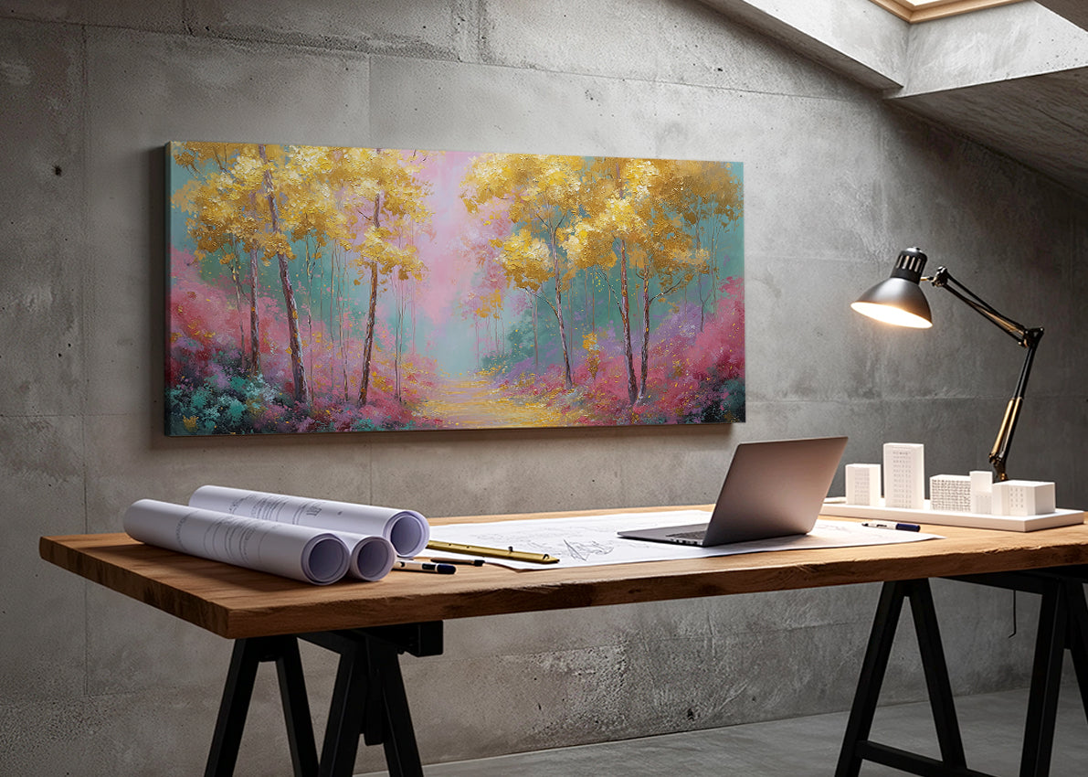 Golden Dream Forest Canvas Wall Art – Colorful Nature Landscape Painting – Single & 3 Panel Canvas – AI PRINT LAB