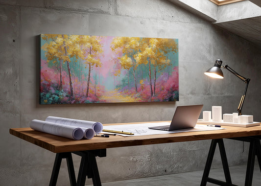 Golden Dream Forest Canvas Wall Art – Colorful Nature Landscape Painting – Single & 3 Panel Canvas – AI PRINT LAB
