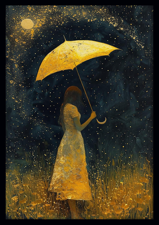 Golden Dreams – Girl with Yellow Umbrella Under Starry Night Canvas Art – T887 – AiPrintLab
