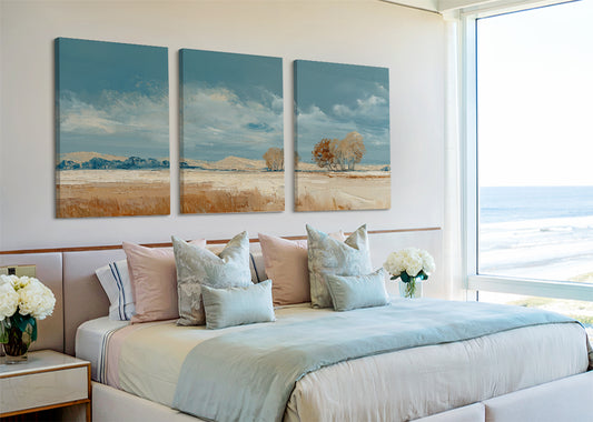 Golden Field Blue Sky Landscape Canvas Wall Art – Single & 3 Panel Canvas – AI PRINT LAB