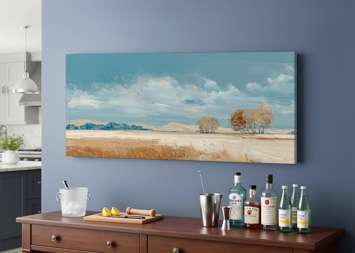 Golden Field Blue Sky Landscape Canvas Wall Art – Single & 3 Panel Canvas – AI PRINT LAB