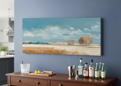 Golden Field Blue Sky Landscape Canvas Wall Art – Single & 3 Panel Canvas – AI PRINT LAB