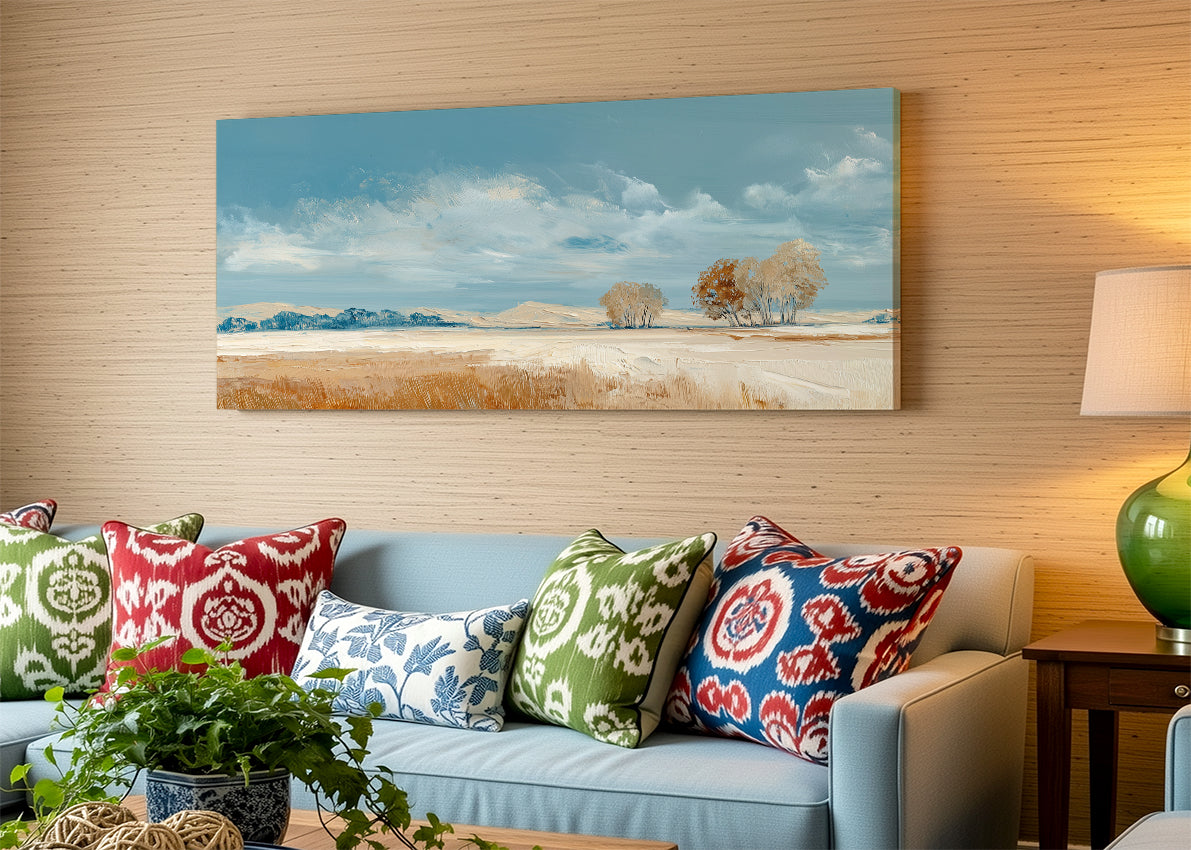Golden Field Blue Sky Landscape Canvas Wall Art – Single & 3 Panel Canvas – AI PRINT LAB