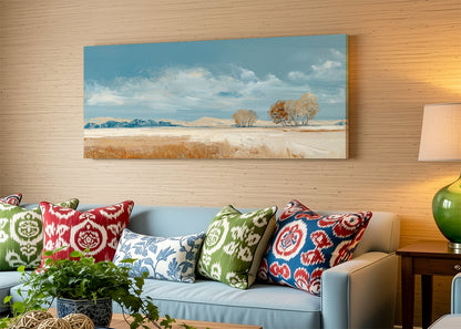Golden Field Blue Sky Landscape Canvas Wall Art – Single & 3 Panel Canvas – AI PRINT LAB