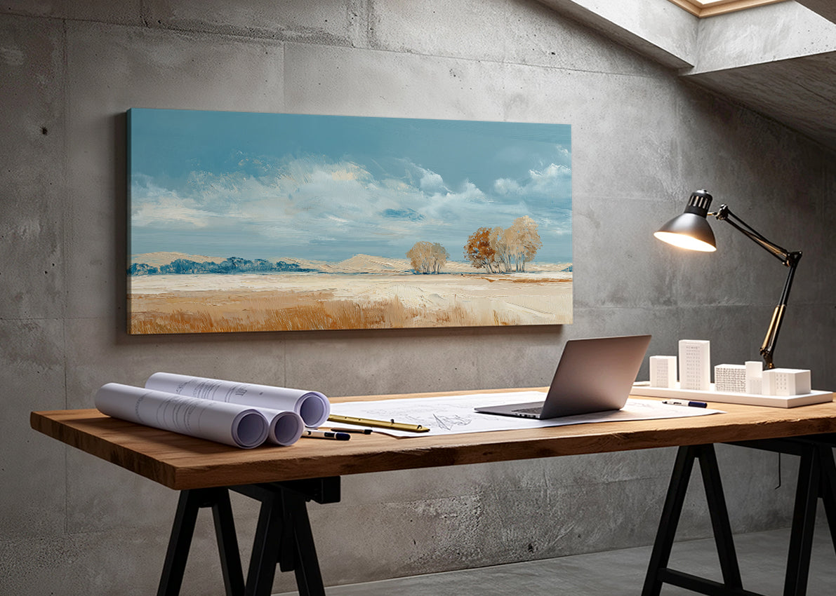 Golden Field Blue Sky Landscape Canvas Wall Art – Single & 3 Panel Canvas – AI PRINT LAB