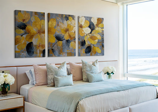 Golden Floral Canvas Wall Art – Modern Yellow Flower Painting – Single & 3 Panel Canvas – AI PRINT LAB