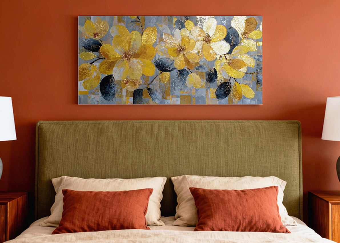 Golden Floral Canvas Wall Art – Modern Yellow Flower Painting – Single & 3 Panel Canvas – AI PRINT LAB