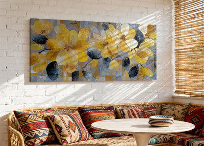 Golden Floral Canvas Wall Art – Modern Yellow Flower Painting – Single & 3 Panel Canvas – AI PRINT LAB